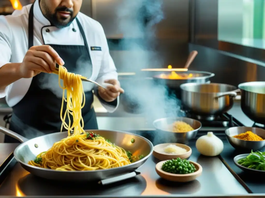 Un chef hábil prepara una deliciosa fusión de curry y pasta en una cocina bulliciosa