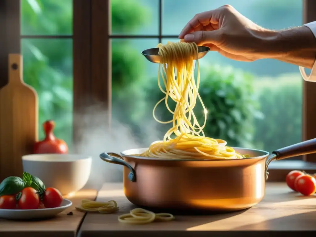 Un chef prepara una deliciosa receta de pasta con salsa mostaza en una cocina italiana tradicional, llena de ingredientes frescos y luz cálida