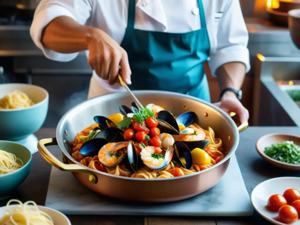 Un chef preparando una deliciosa receta tradicional de pasta con mariscos en una cocina rústica