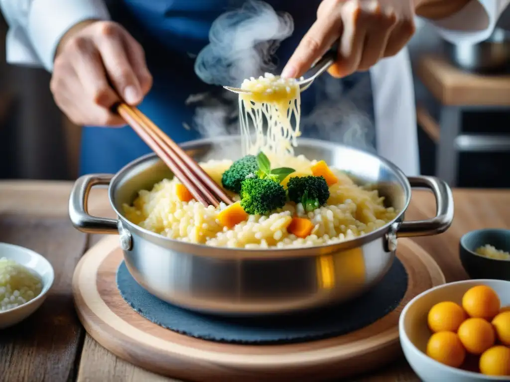 Un chef prepara un delicioso risotto cremoso con azafrán en una cocina bulliciosa