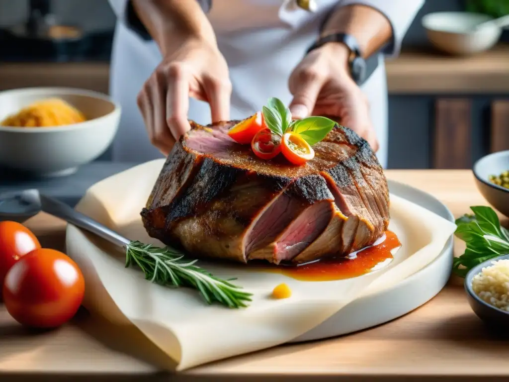 Un chef ata con destreza un osso buco en una cocina rústica, evocando autenticidad en la receta auténtica osso buco milanesa