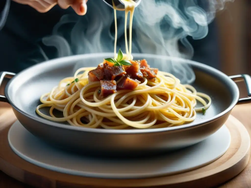 Un chef remueve con destreza espaguetis al dente en una sartén con salsa carbonara dorada