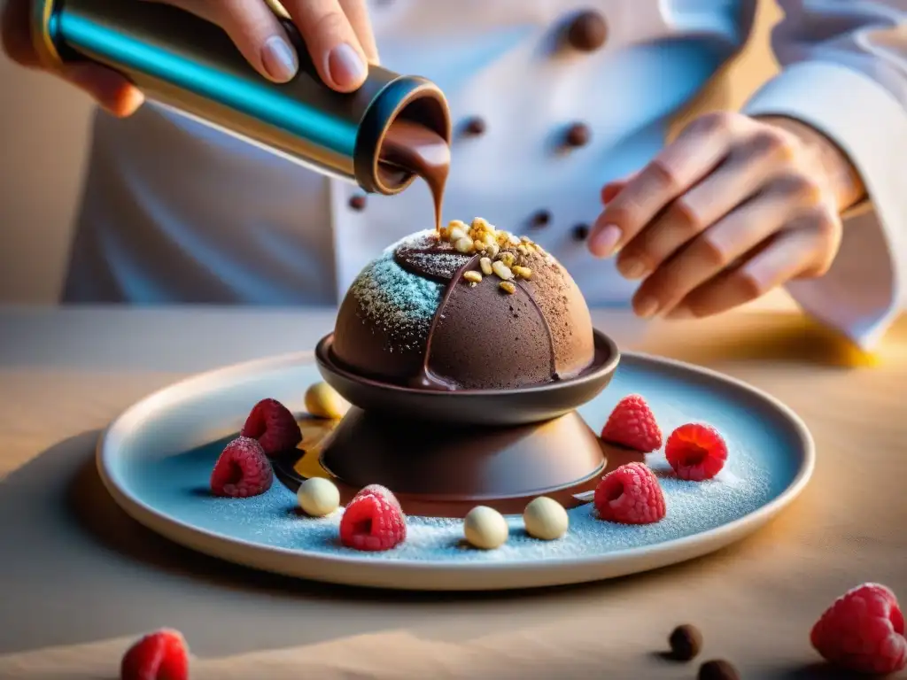 Un chef coloca con destreza un exquisito tartufo helado de chocolate sobre un plato, con coulis de frambuesa y avellanas trituradas