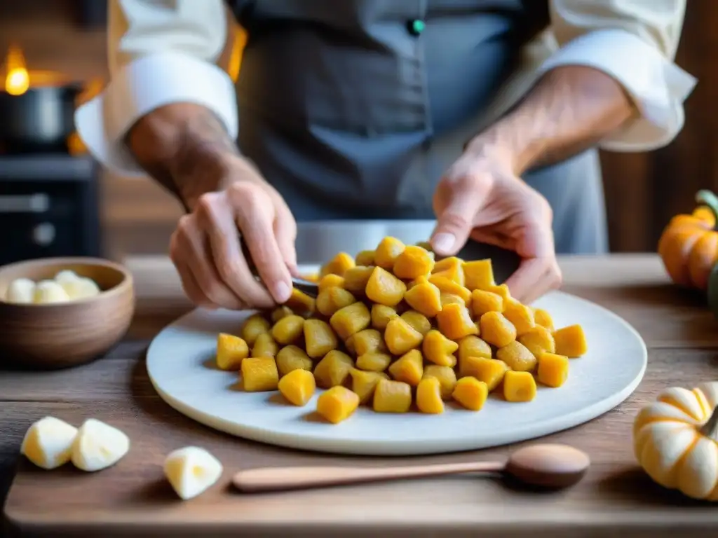 El chef moldea con destreza los gnocchi de calabaza sobre una superficie rústica, en una cocina acogedora de otoño