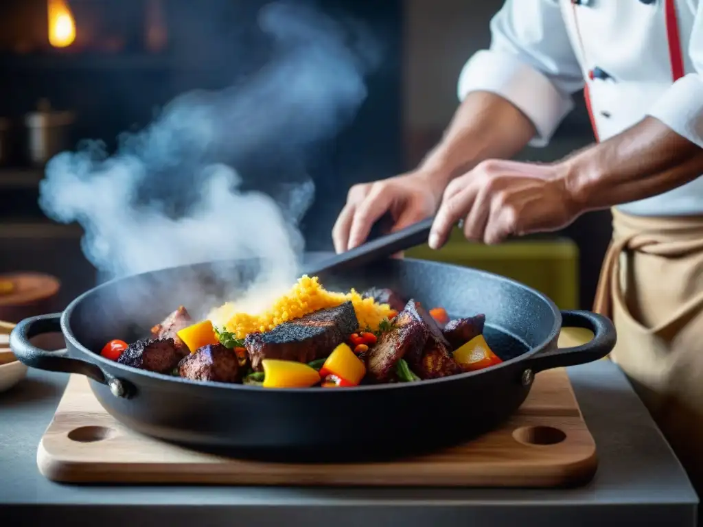 Un chef sazona con destreza un sartén de hierro con un platillo norteño, destacando los colores y texturas