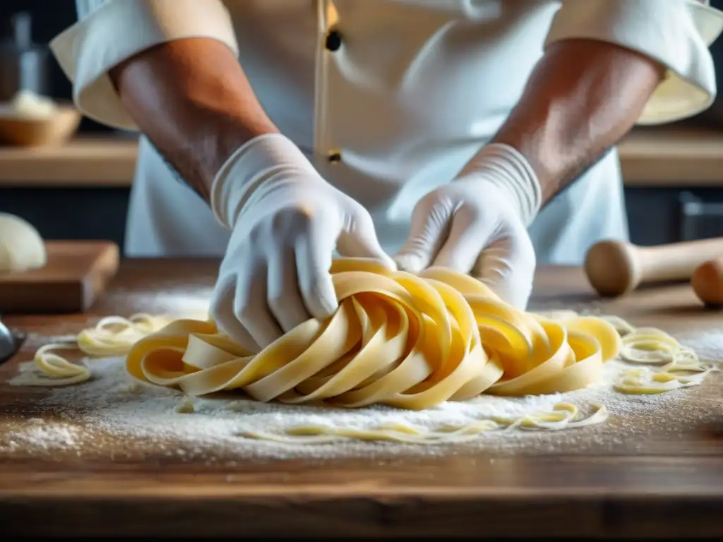 Un chef amasa con destreza masa fresca de pasta en una encimera rústica, capturando la esencia de la cocina italiana tradicional