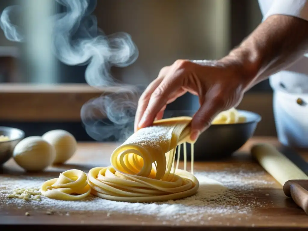 Un chef prepara con destreza pasta italiana en una cocina rústica