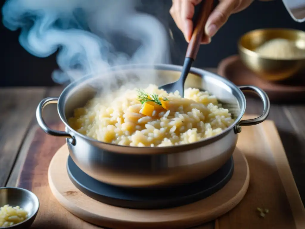 Un chef remueve con destreza un risotto cremoso y dorado, revelando los Secretos del risotto perfecto en una cocina bulliciosa