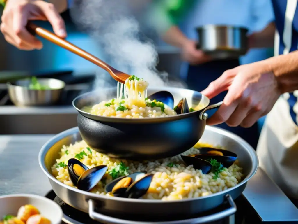 Un chef prepara con destreza un tradicional risotto de mariscos veneciano en una bulliciosa cocina local