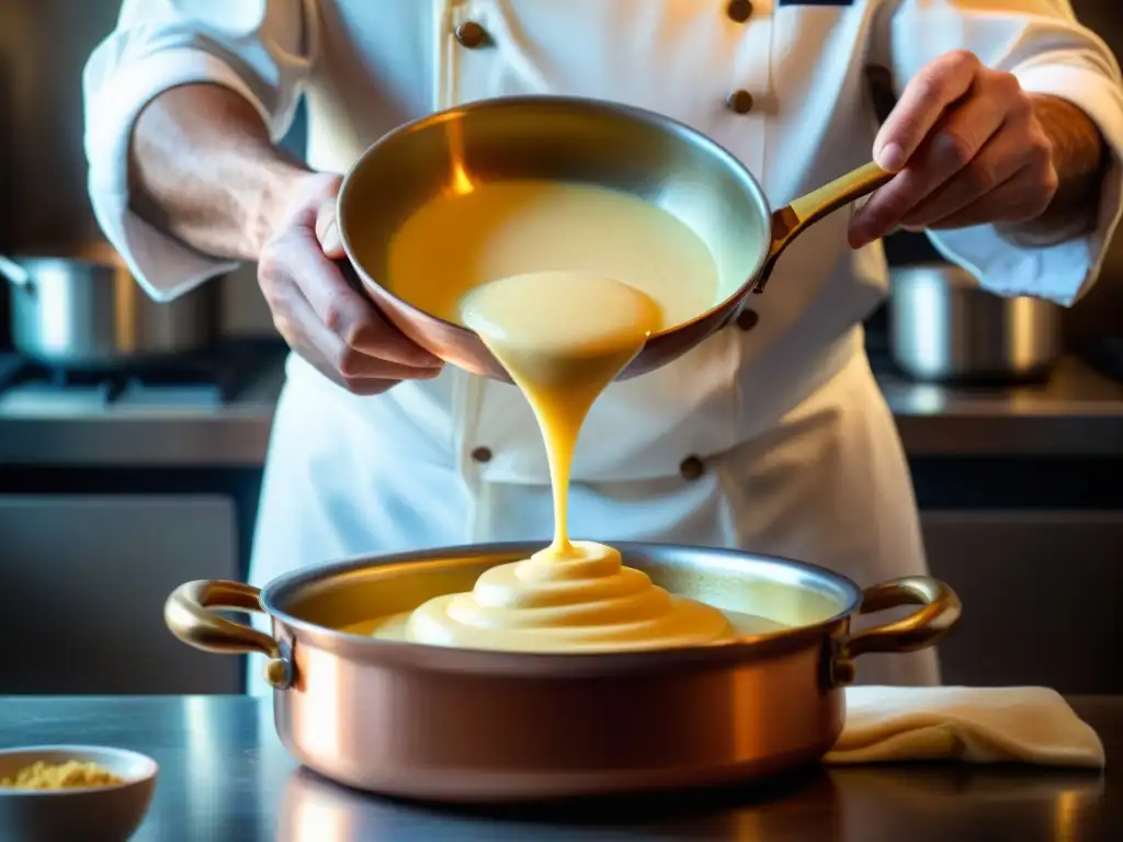 Un chef prepara con destreza un Zabaione italiano en una cocina cálida y acogedora