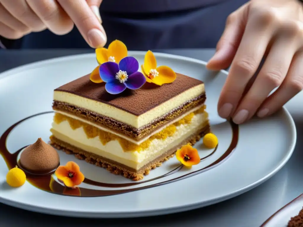 Un chef crea con detalle un postre italiano del siglo XXI en una cocina moderna y elegante