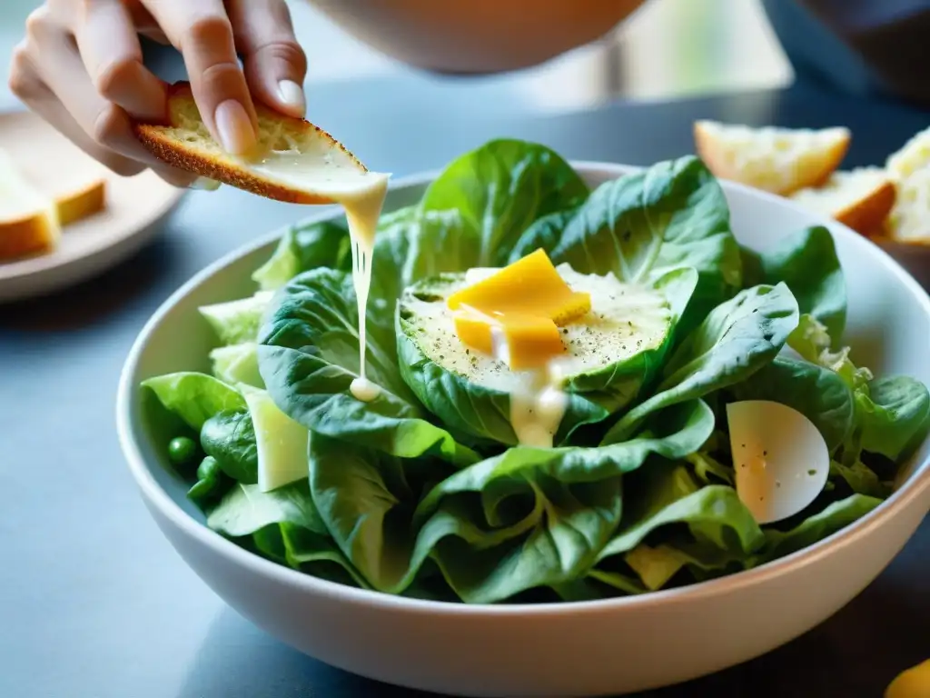 Un chef vierte con elegancia aderezo sobre una Ensalada César con toque italiano, resaltando colores y texturas