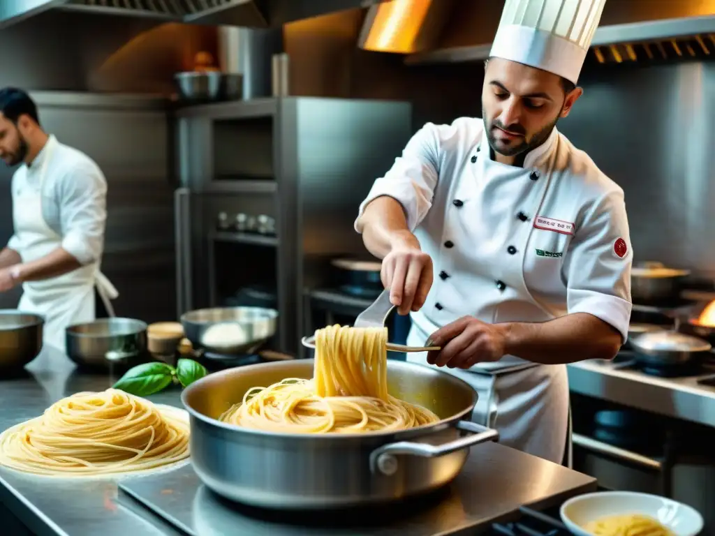 Chef emergente en cocina italiana creando pasta a mano en cocina vibrante