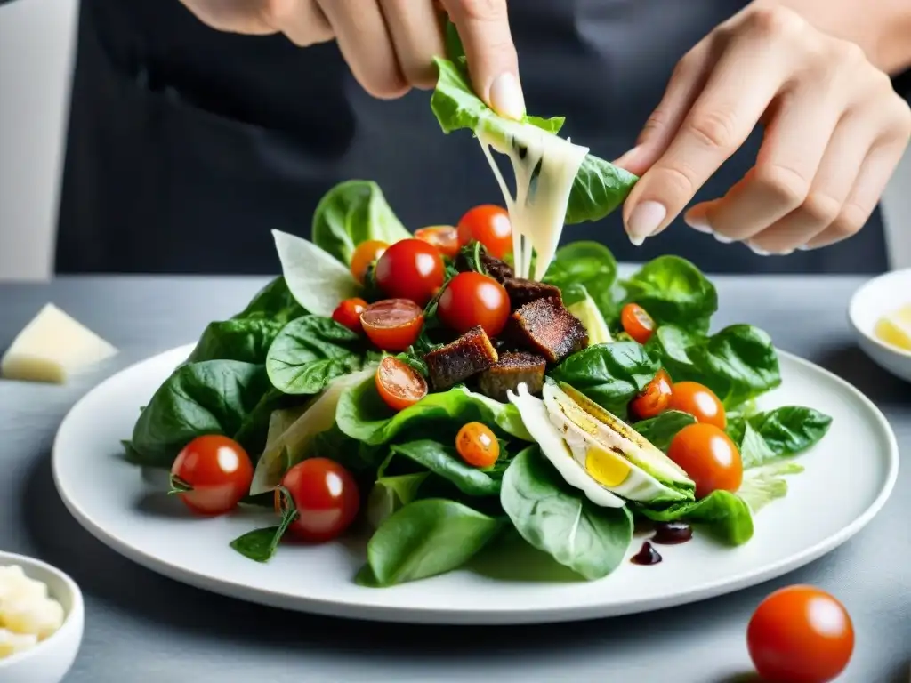 Un chef cuidadosamente prepara una Ensalada César con toque italiano, resaltando la precisión y arte culinario