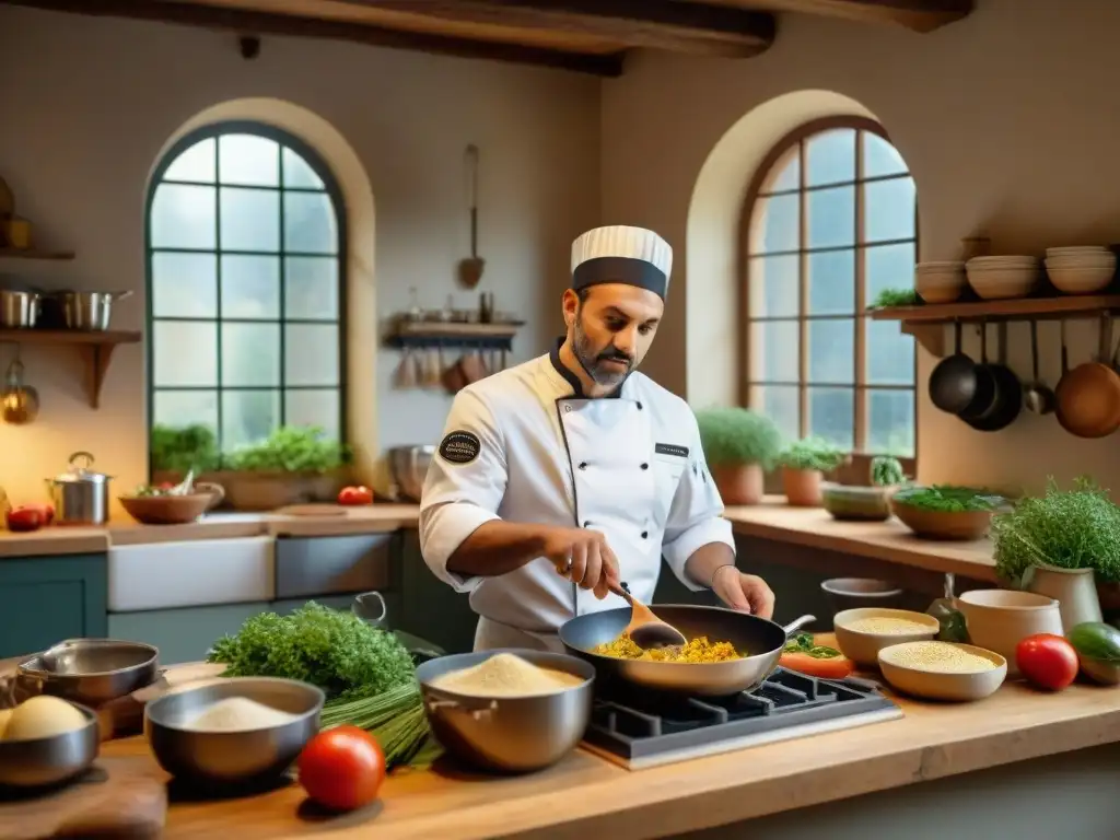 Chef enseña receta italiana a estudiantes en una cocina tradicional con ingredientes frescos