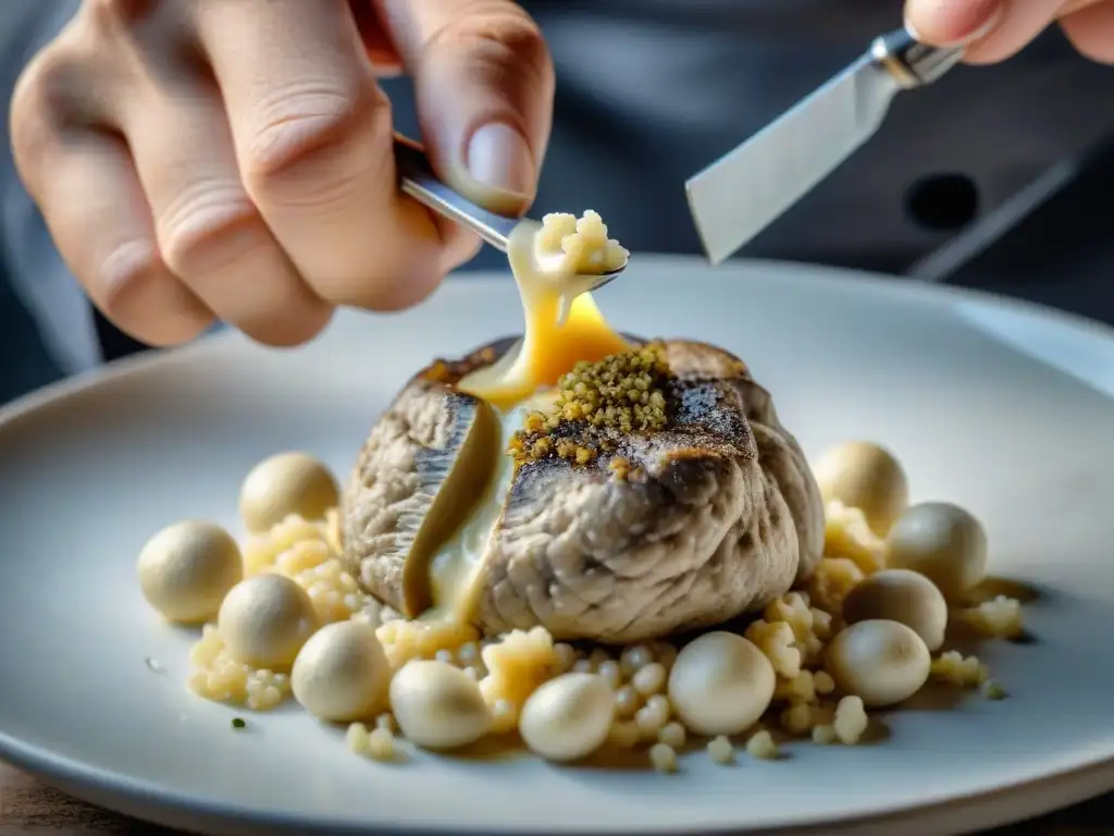 Un chef en una escena artística y lujosa, rallando una trufa blanca de Alba sobre risotto