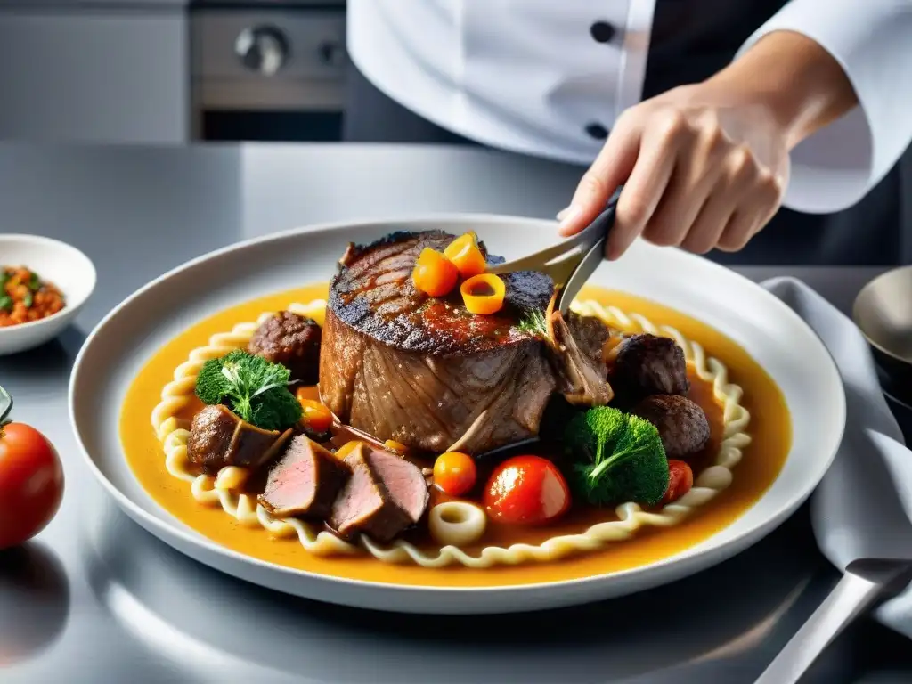 Un chef hábil prepara con esmero una receta auténtica de osso buco milanesa en una cocina contemporánea de alto nivel