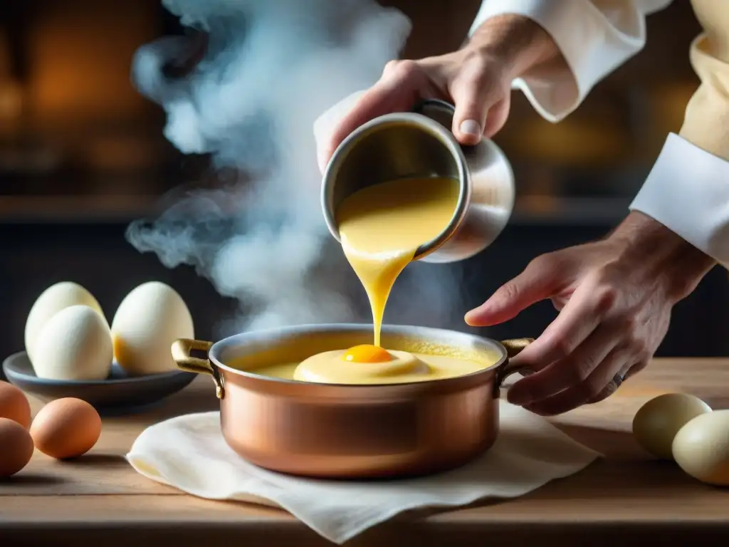 Un chef hábil prepara con esmero un tradicional zabaione italiano en una cocina rústica