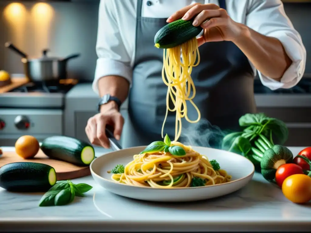 Un chef prepara espaguetis carbonara vegana en una cocina moderna, rodeado de ingredientes frescos y coloridos