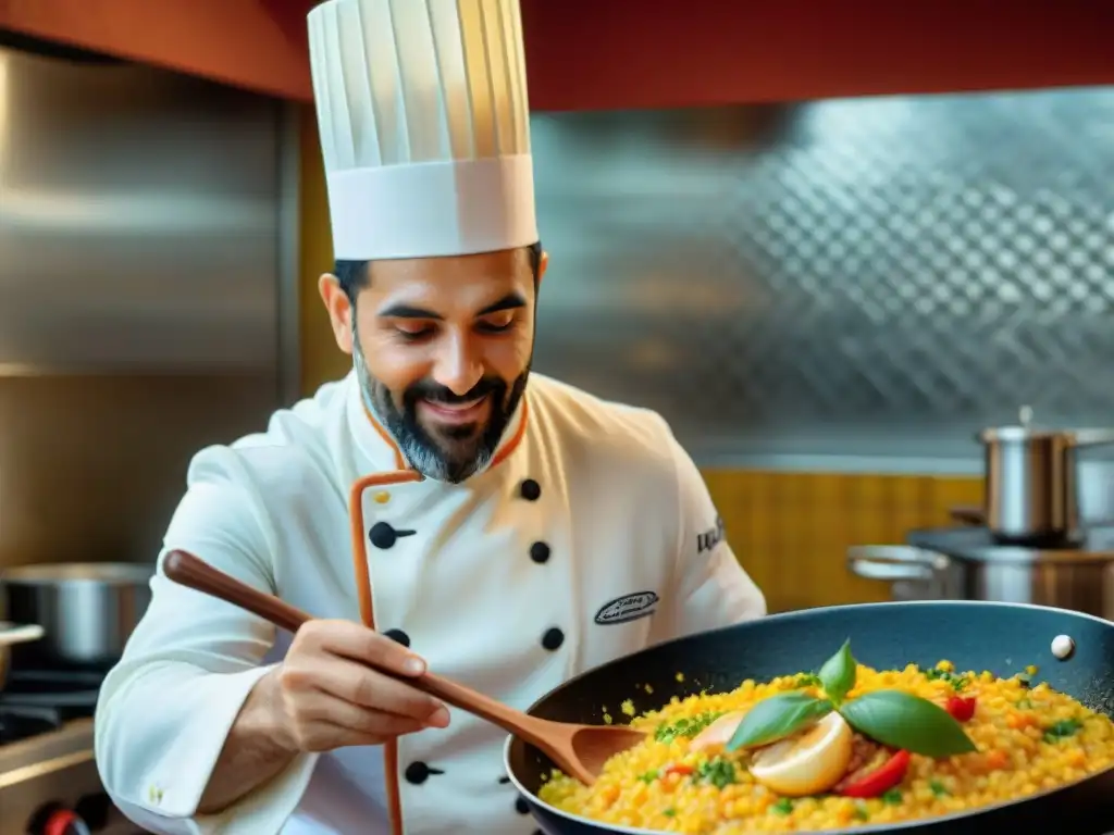 Un chef español removiendo risotto con influencia española en una paellera, con azulejos y aromas mediterráneos