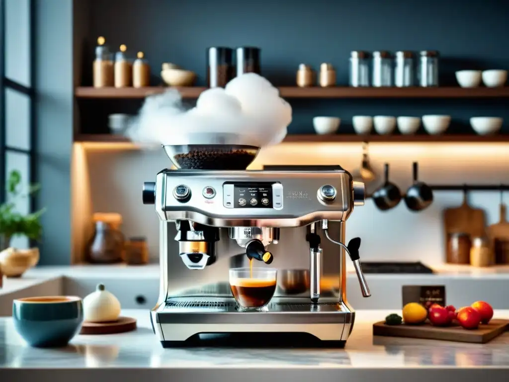 Un chef prepara espresso con una elegante máquina italiana en una cocina moderna