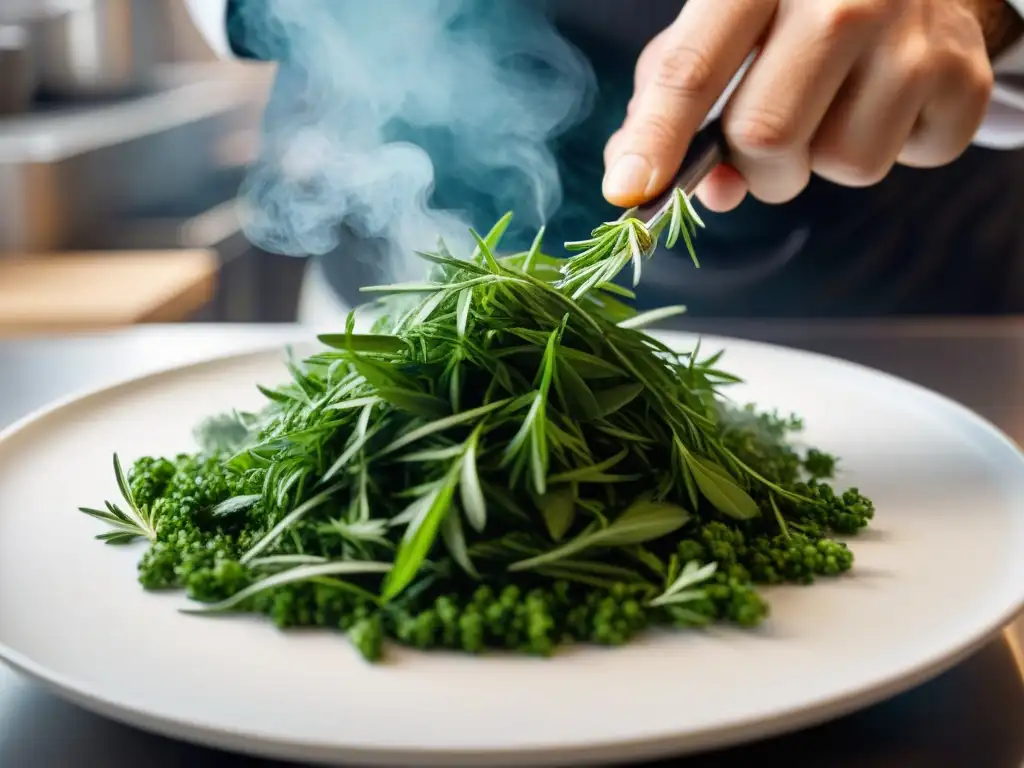 Un chef esparciendo estragón fresco sobre un plato italiano en una cocina moderna