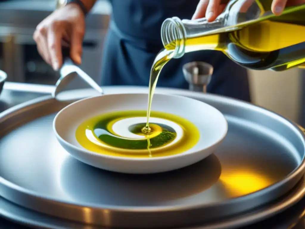 Un chef con estrella Michelin vierte aceite de oliva premium sobre un exquisito plato en una cocina profesional, resaltando su destreza y precisión