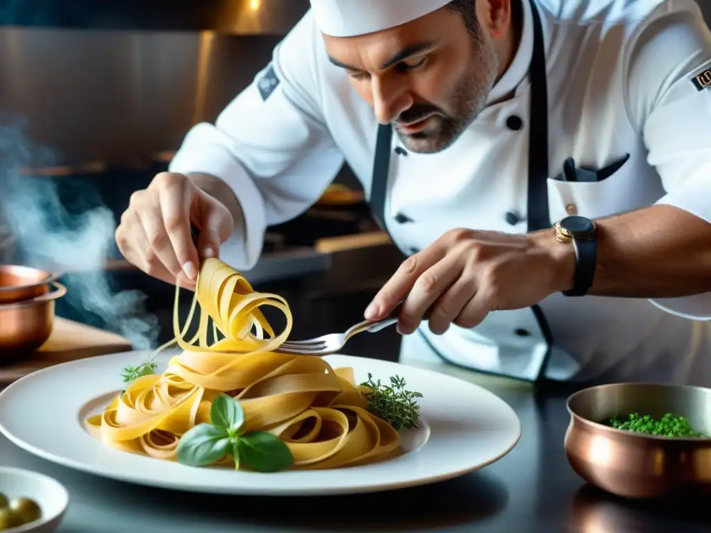 Chef estrella Michelin en una cocina italiana: pasta artesanal colorida en plato blanco, presentación meticulosa