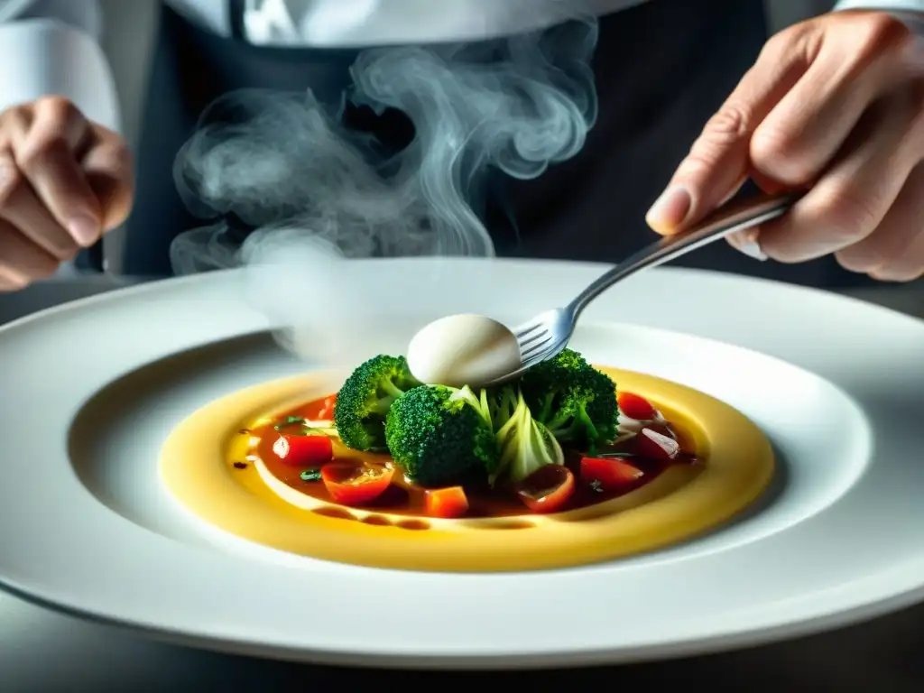 Un chef estrella Michelin italiano crea con maestría un plato colorido en una cocina moderna y limpia, mostrando pasión y precisión culinaria