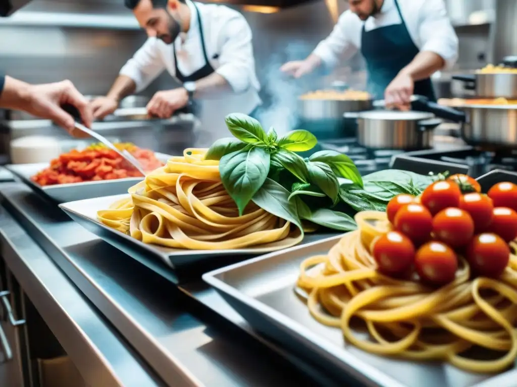 Un chef estrella Michelin en acción, creando un plato italiano vibrante en una bulliciosa cocina