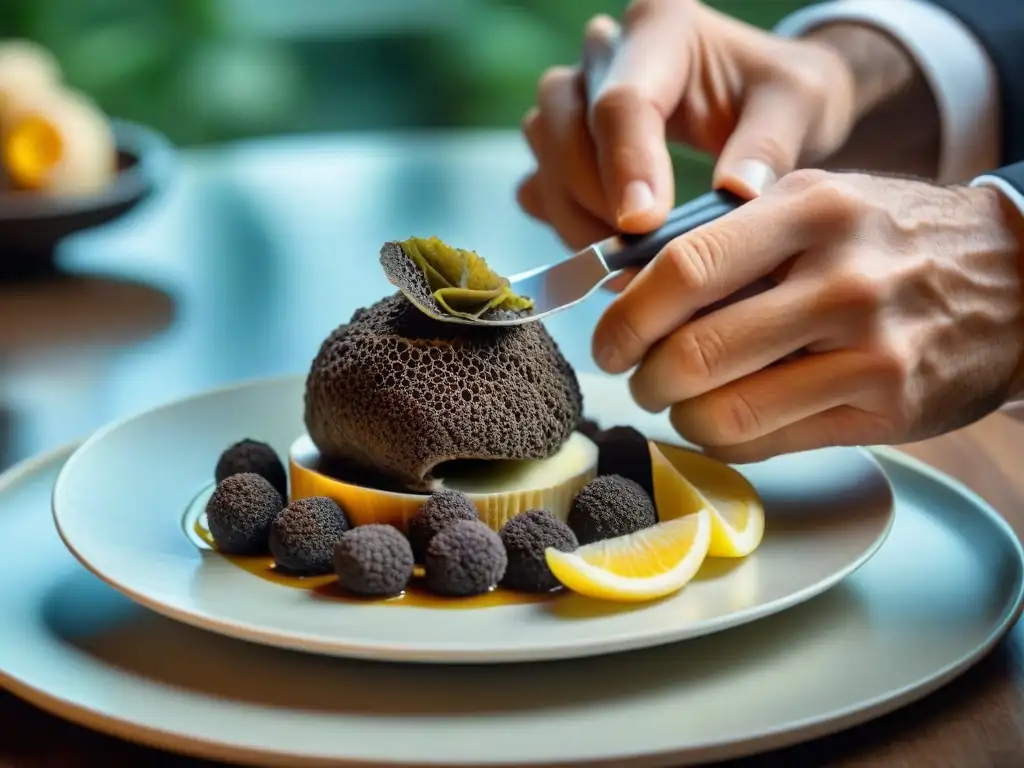 Un chef estrella Michelin preparando trufas en restaurante lujoso en Italia