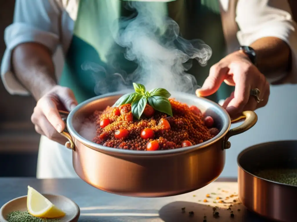 Un chef experimentado esparciendo ajedrea en la cocina italiana