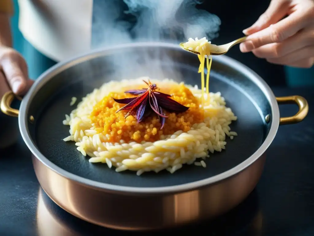 Un chef experimentado añade azafrán en la cocina italiana a un risotto dorado, creando una explosión de sabor y color