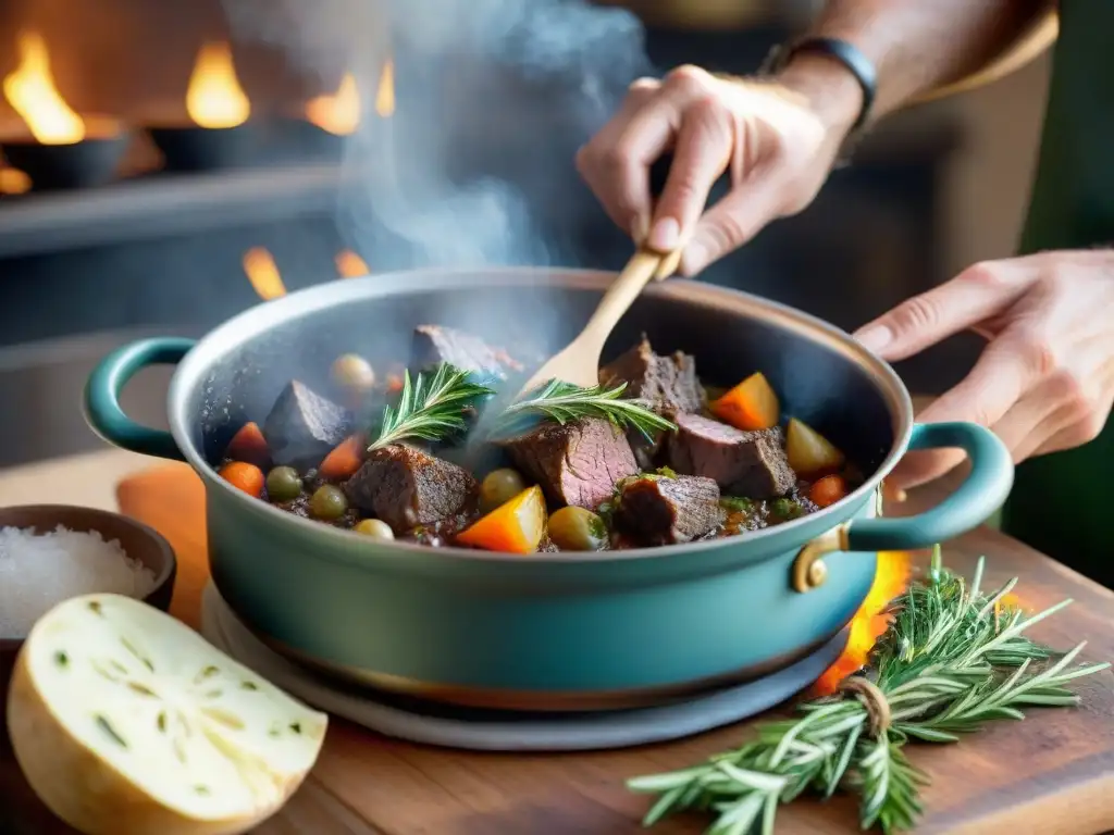 Un chef experimentado sazona un guiso de jabalí en una cocina rústica de Umbría, con sabores intensos y aromas vibrantes