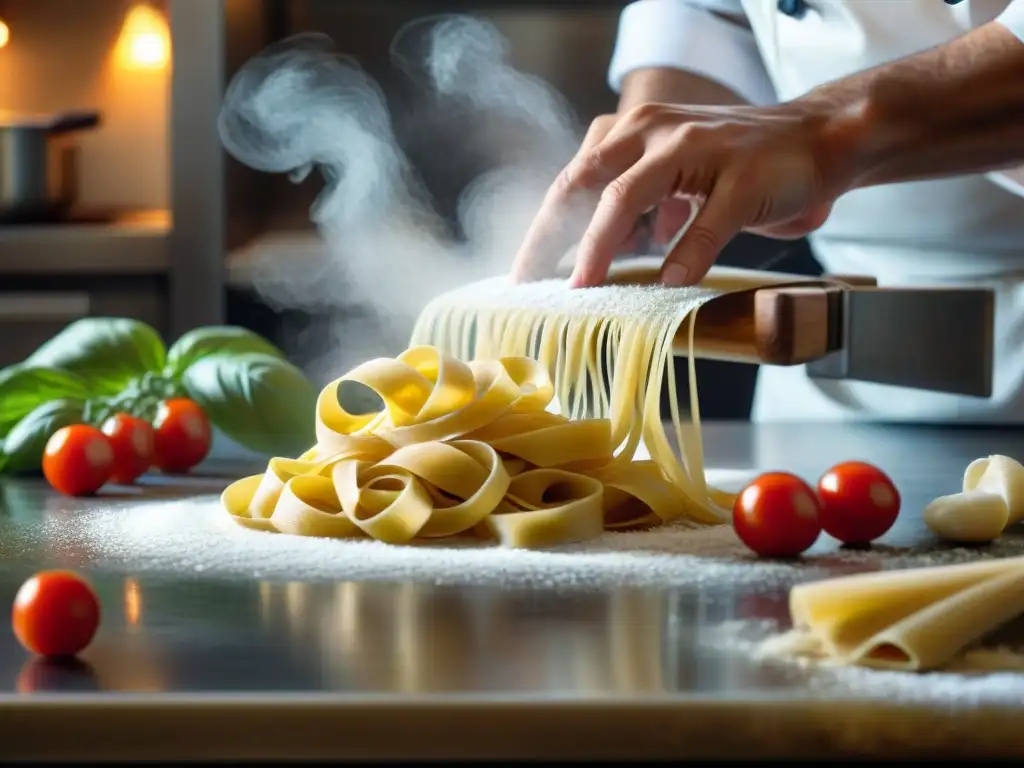 Un chef experimentado elabora pasta fresca en una bulliciosa cocina italiana