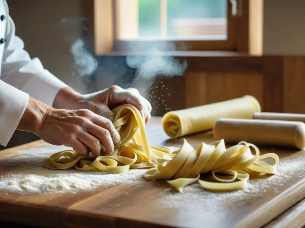 Chef experimentado realizando pasta fresca con destreza en un ambiente tradicional y luminoso