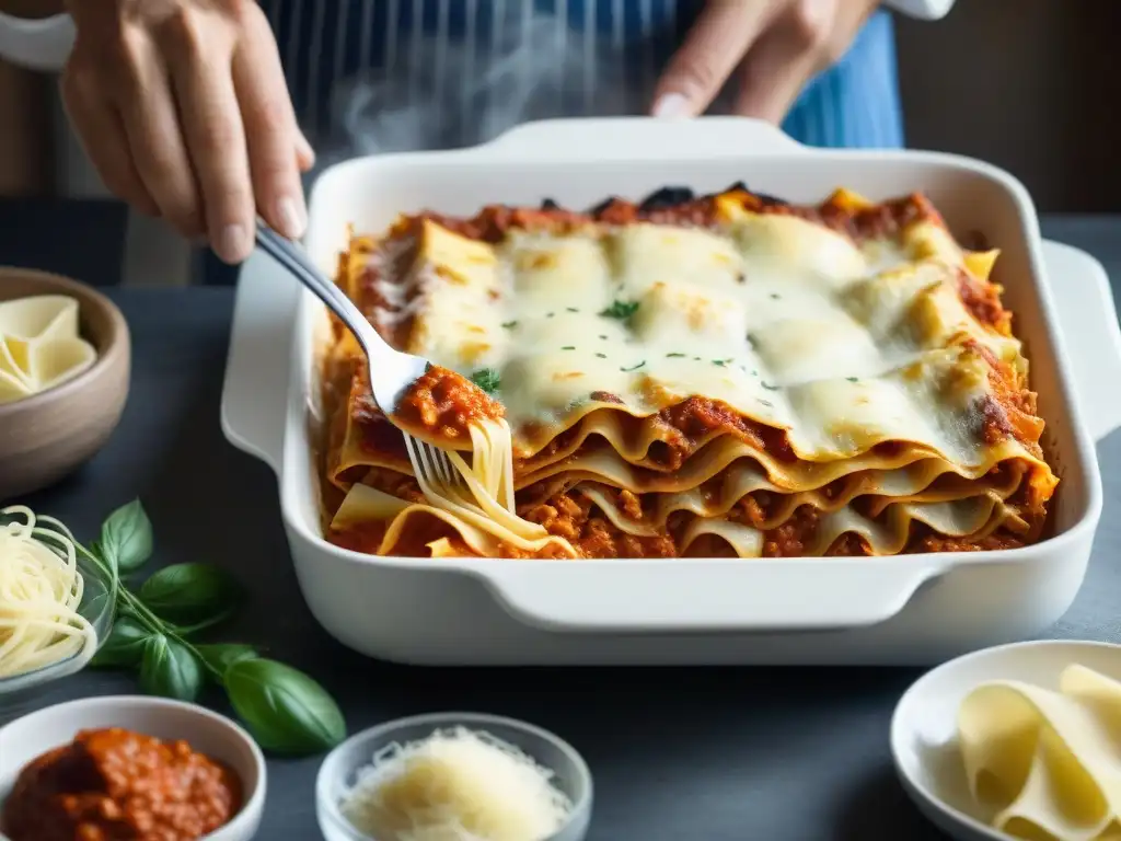 Un chef experimentado preparando una receta auténtica de lasaña italiana en una cocina tradicional, creando capas de sabor con precisión