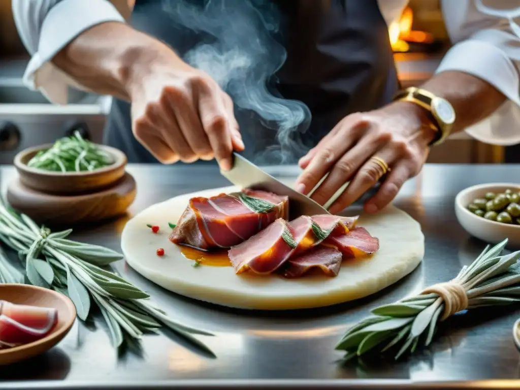 Un chef experimentado preparando la receta tradicional Saltimbocca de ternera con salvia y prosciutto, en una cocina italiana auténtica