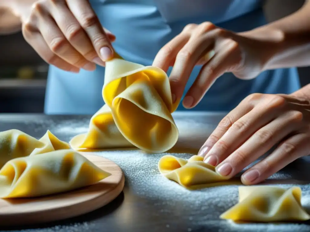 Un chef experto crea con precisión Agnolotti del plin vegetariano, mostrando la artesanía de la receta