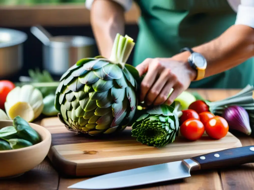 Un chef experto prepara alcachofas en la Fiesta del Carciofo, mostrando la cocina italiana