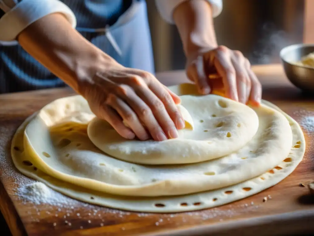 Un chef experto amasa y da forma a la masa de Piadina Romagnola en una superficie de madera rústica, con luz natural entrando por la ventana