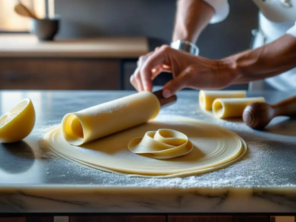 Un chef experto amasa pasta fresca con precisión en una encimera de mármol, iluminado con luz natural