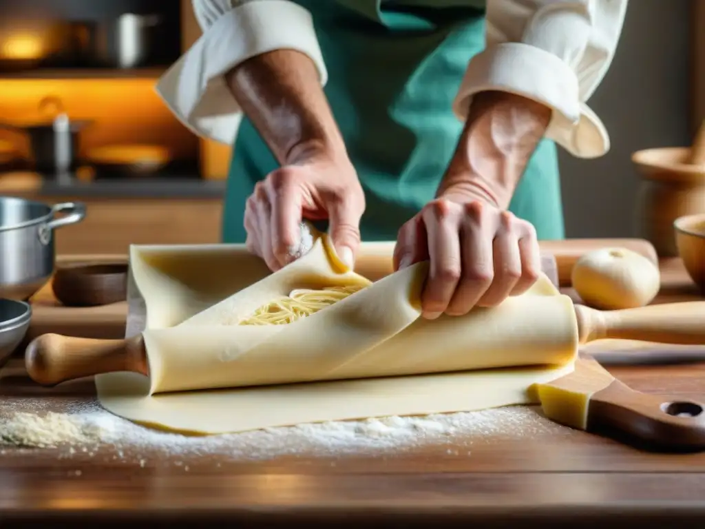 Un chef experto amasa pasta fresca en una cocina rústica, revelando los secretos de la pasta italiana al dente