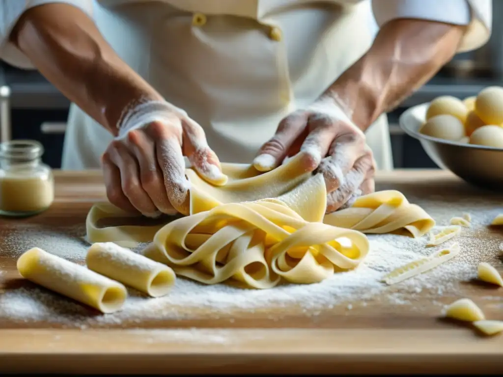 Un chef experto amasa pasta casera, mostrando destreza y precisión