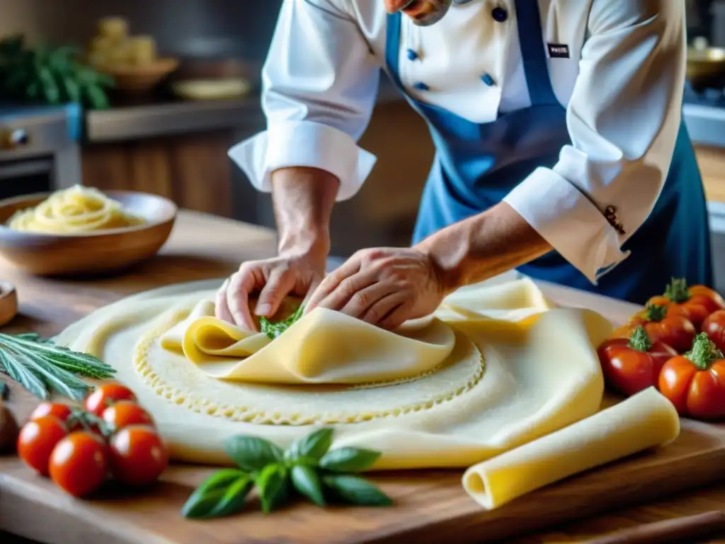 Un chef experto amasa pasta fresca con precisión en una escena cautivadora