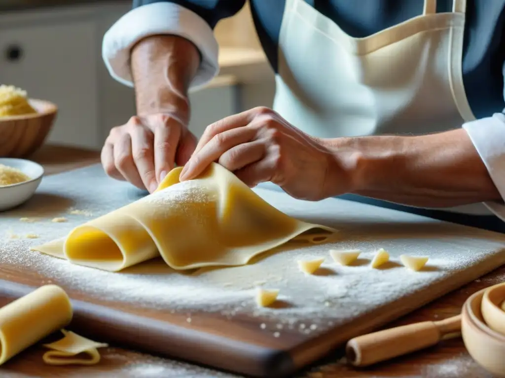 Un chef experto amasa pasta fresca en una cocina italiana, mostrando aplicaciones cocina italiana paso a paso