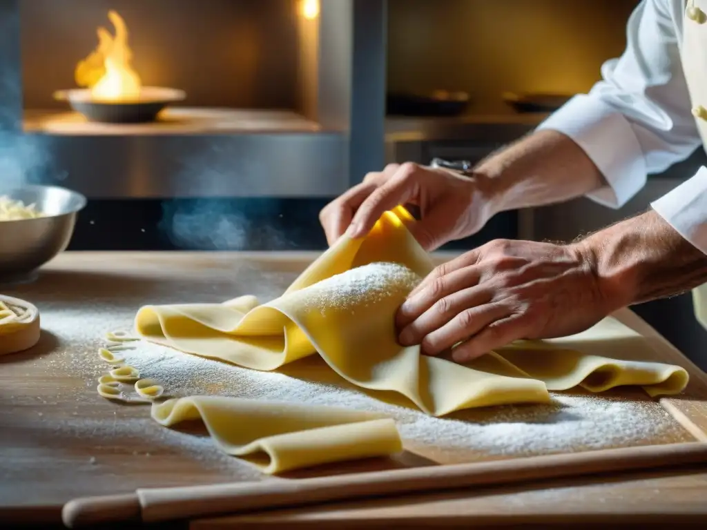 Un chef experto amasa pasta fresca en una cocina italiana, reflejando tradición e innovación culinaria