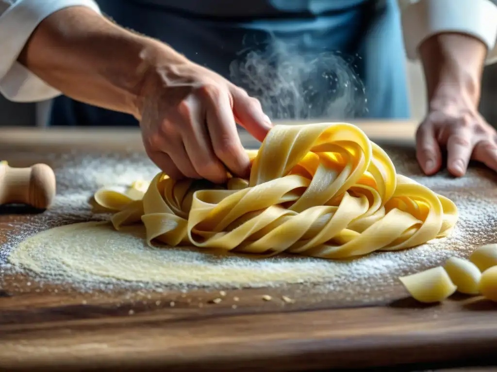 Chef experto amasa pasta amarilla en encimera de madera