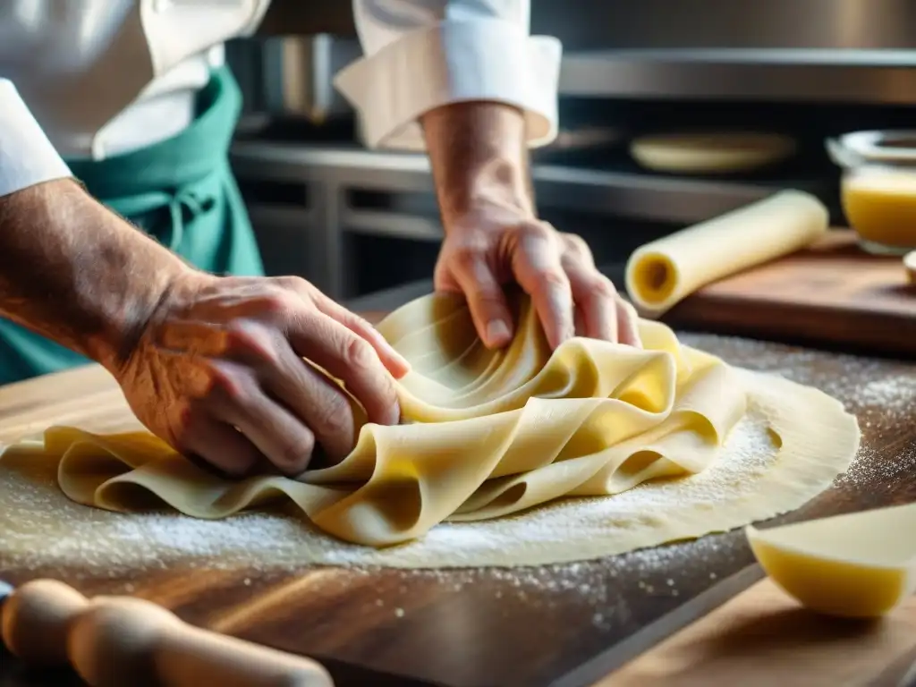 Chef experto amasa pasta fresca fina, iluminado por luz natural