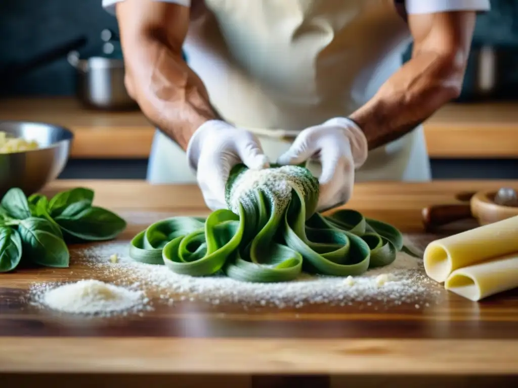 El chef experto amasa pasta fresca vegana con técnicas tradicionales italianas